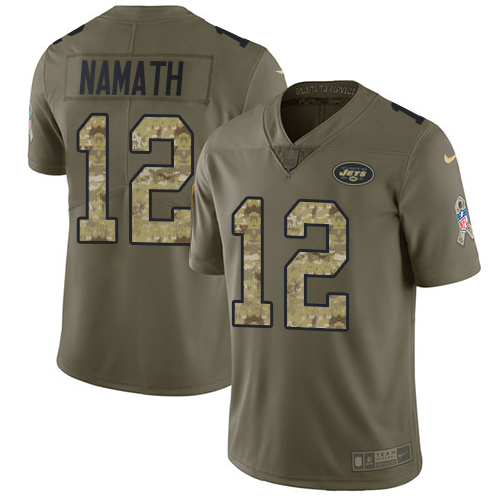 Nike Jets #12 Joe Namath Olive/Camo Men's Stitched NFL Limited Salute To Service Jersey - Click Image to Close